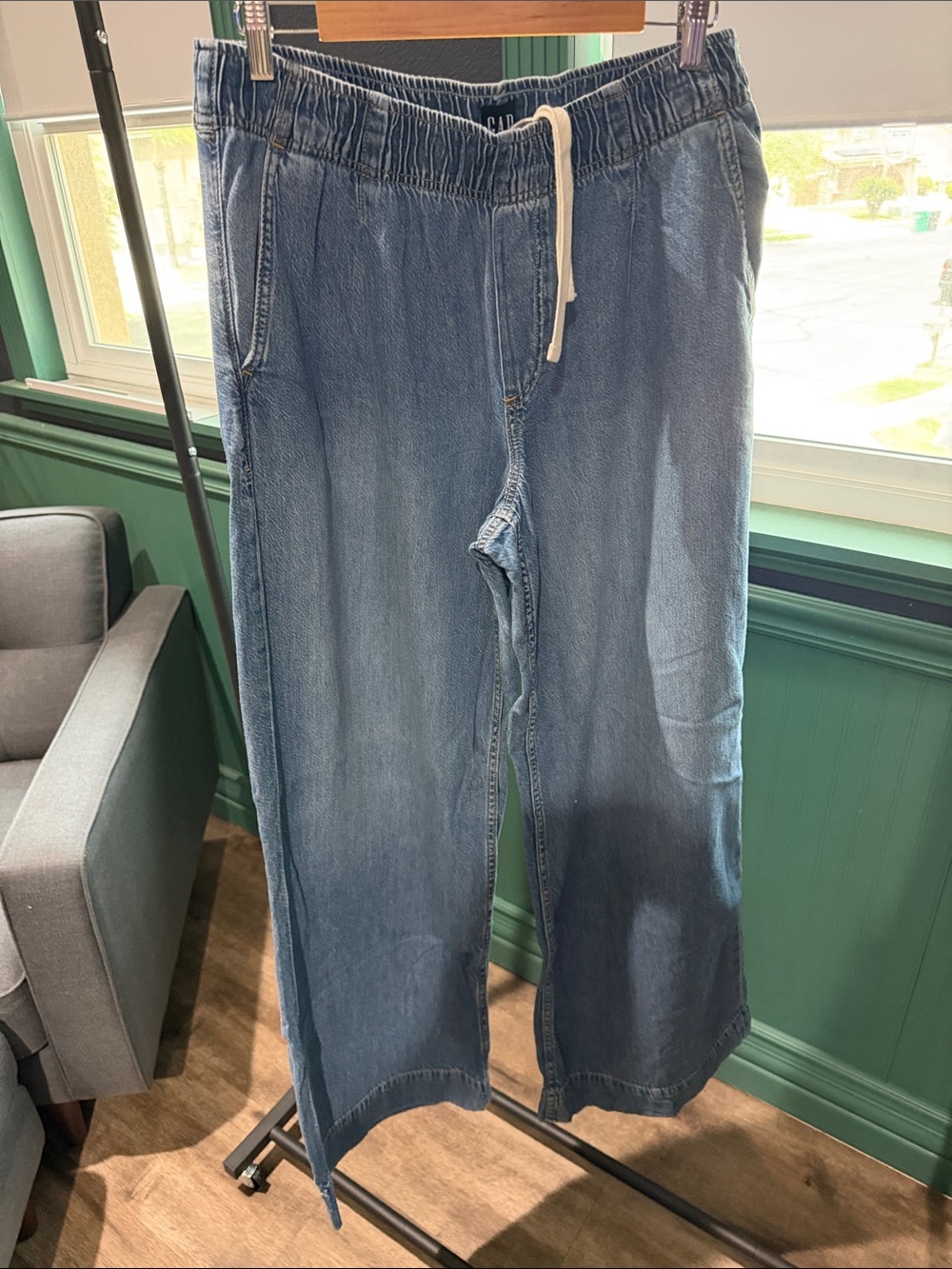 GAP Women's Light Blue Wide-Leg Drawstring Denim Pants